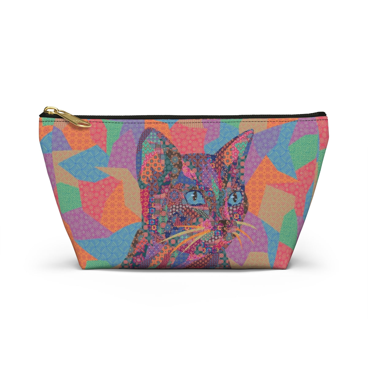A colorful polyester accessory bag featuring a vibrant, multicolored cat pattern, makeup. cosmetic, toiletries, travel essentials bag.