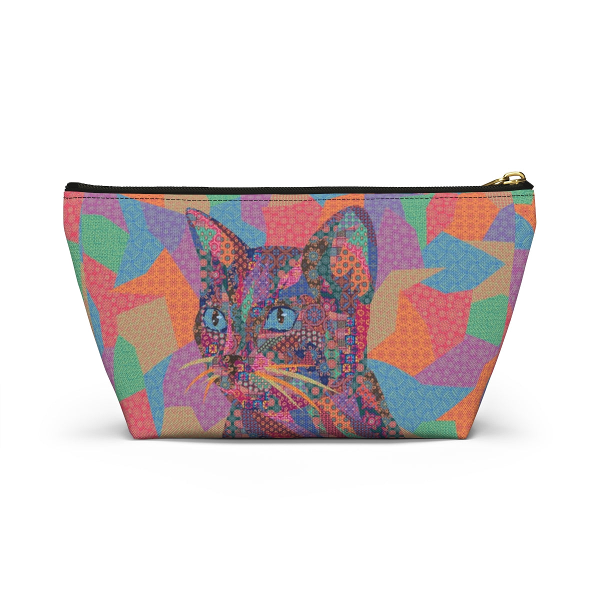A colorful polyester accessory bag featuring a vibrant, multicolored cat pattern, makeup. cosmetic, toiletries, travel essentials bag.