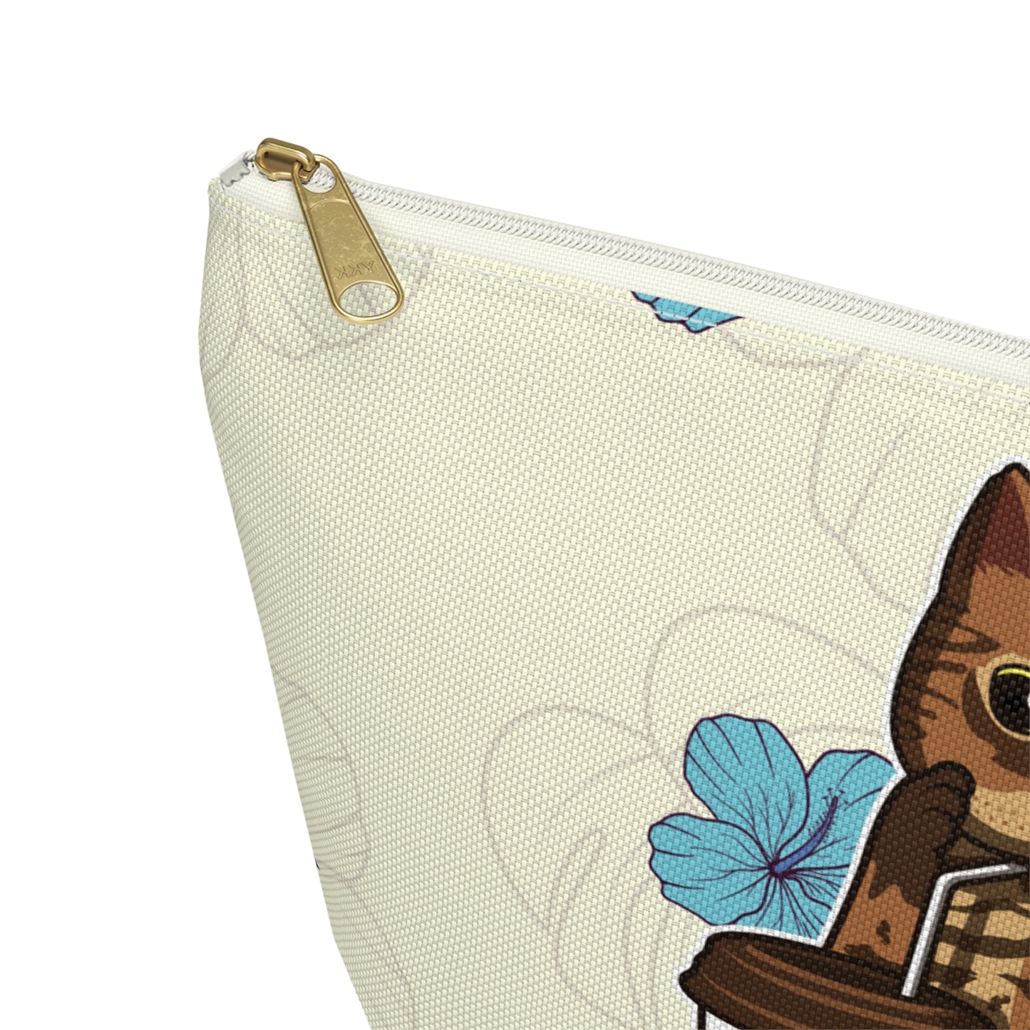 A cream-colored accessory bag featuring a cartoon illustration of a Bengal cat drinking coffee from a straw, with a floral pattern in the background. Cosmetic, makeup, toiletry, travel, pencil case & everyday bag for cat lovers.