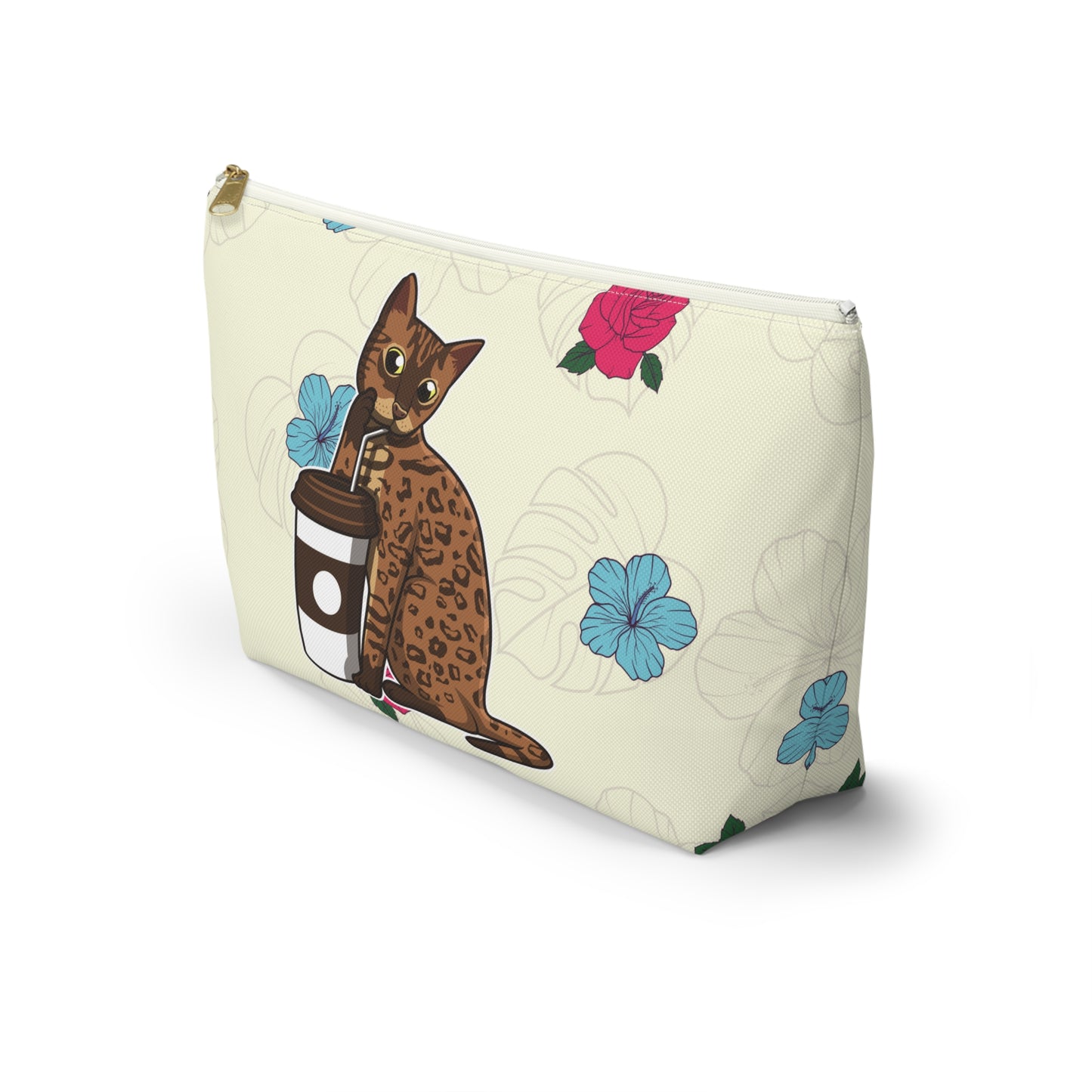 A cream-colored accessory bag featuring a cartoon illustration of a Bengal cat drinking coffee from a straw, with a floral pattern in the background. Cosmetic, makeup, toiletry, travel, pencil case & everyday bag for cat lovers.