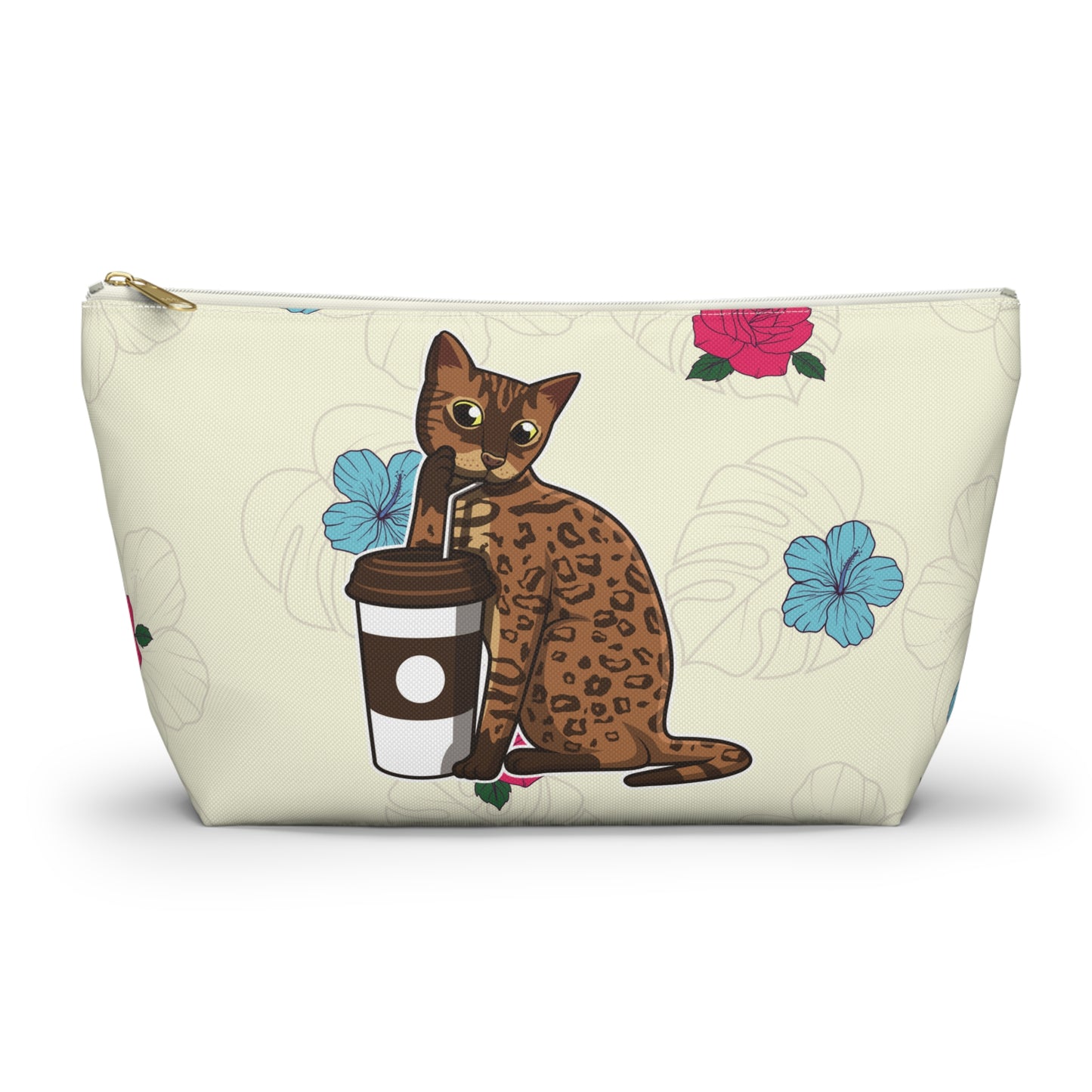 A cream-colored accessory bag featuring a cartoon illustration of a Bengal cat drinking coffee from a straw, with a floral pattern in the background. Cosmetic, makeup, toiletry, travel, pencil case & everyday bag for cat lovers.