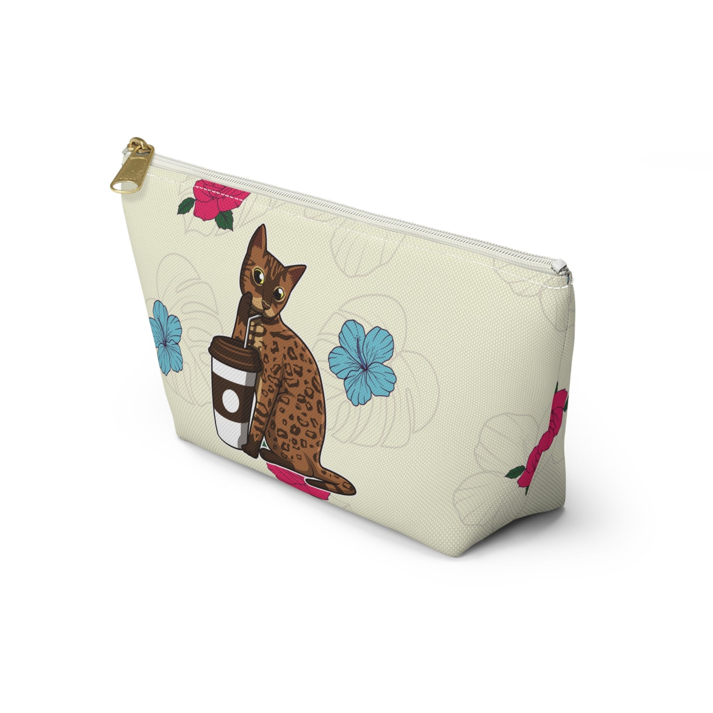 A cream-colored accessory bag featuring a cartoon illustration of a Bengal cat drinking coffee from a straw, with a floral pattern in the background. Cosmetic, makeup, toiletry, travel, pencil case & everyday bag for cat lovers.