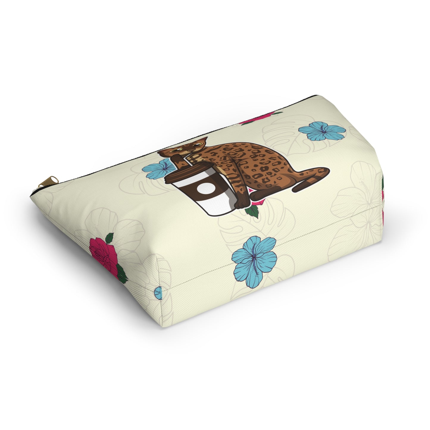 A cream-colored accessory bag featuring a cartoon illustration of a Bengal cat drinking coffee from a straw, with a floral pattern in the background. Cosmetic, makeup, toiletry, travel, pencil case & everyday bag for cat lovers.