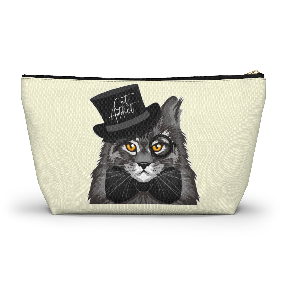 A cream accessory bag featuring a Maine Coon cat wearing a top hat, and the text 'Cat Addict'. Cosmetic, makeup, toiletry, travel, pencil case & everyday bag for Maine Coon cat lovers.