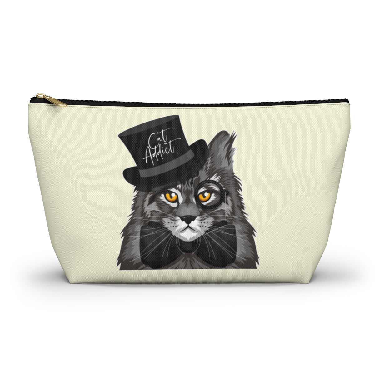 A cream accessory bag featuring a Maine Coon cat wearing a top hat, and the text 'Cat Addict'. Cosmetic, makeup, toiletry, travel, pencil case & everyday bag for Maine Coon cat lovers.