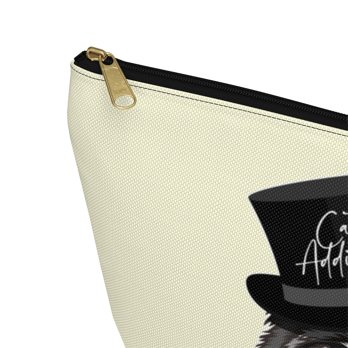 A cream accessory bag featuring a Maine Coon cat wearing a top hat, and the text 'Cat Addict'. Cosmetic, makeup, toiletry, travel, pencil case & everyday bag for Maine Coon cat lovers.