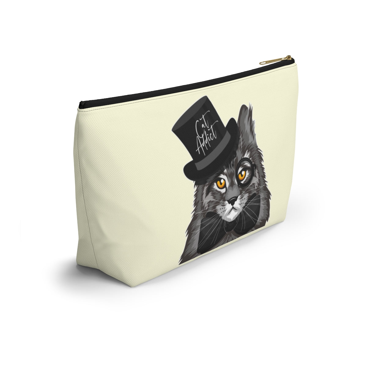 A cream accessory bag featuring a Maine Coon cat wearing a top hat, and the text 'Cat Addict'. Cosmetic, makeup, toiletry, travel, pencil case & everyday bag for Maine Coon cat lovers.