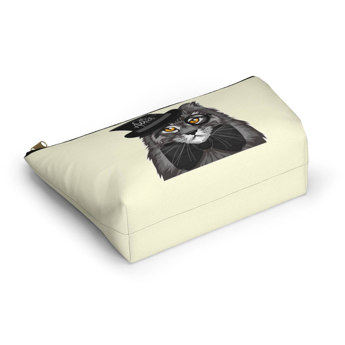 A cream accessory bag featuring a Maine Coon cat wearing a top hat, and the text 'Cat Addict'. Cosmetic, makeup, toiletry, travel, pencil case & everyday bag for Maine Coon cat lovers.
