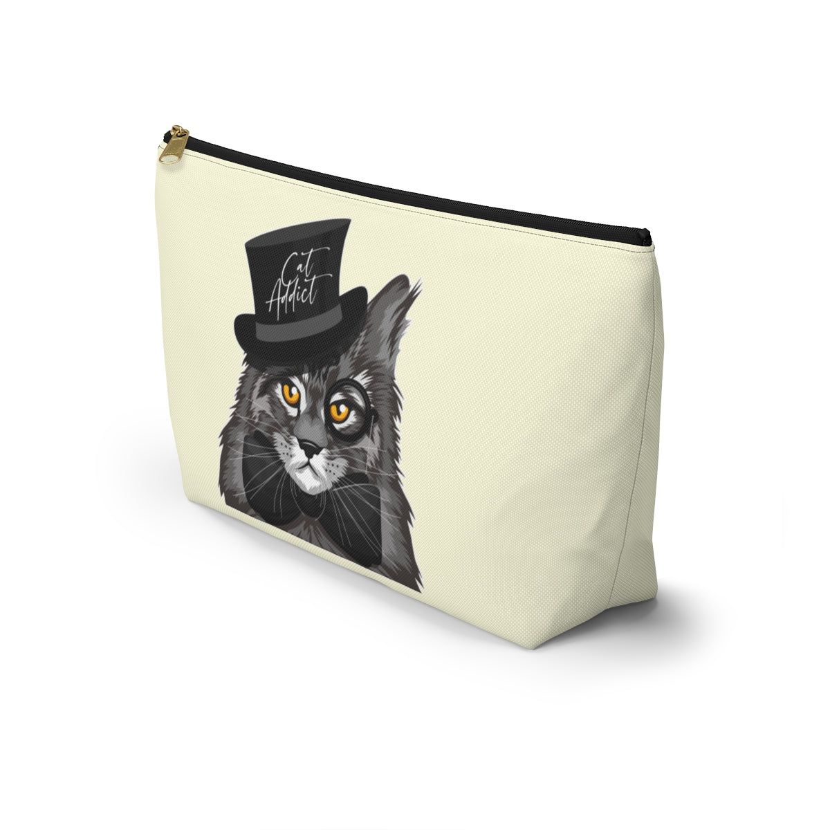 A cream accessory bag featuring a Maine Coon cat wearing a top hat, and the text 'Cat Addict'. Cosmetic, makeup, toiletry, travel, pencil case & everyday bag for Maine Coon cat lovers.