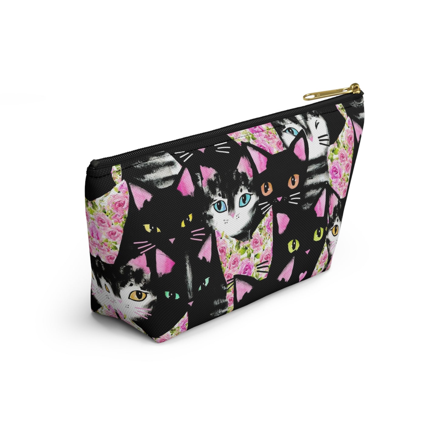 A multicolored accessory bag with an abstract design featuring cats and roses on a pink background. Cosmetic, makeup, toiletry, travel, pencil case & everyday bag for cat lovers.