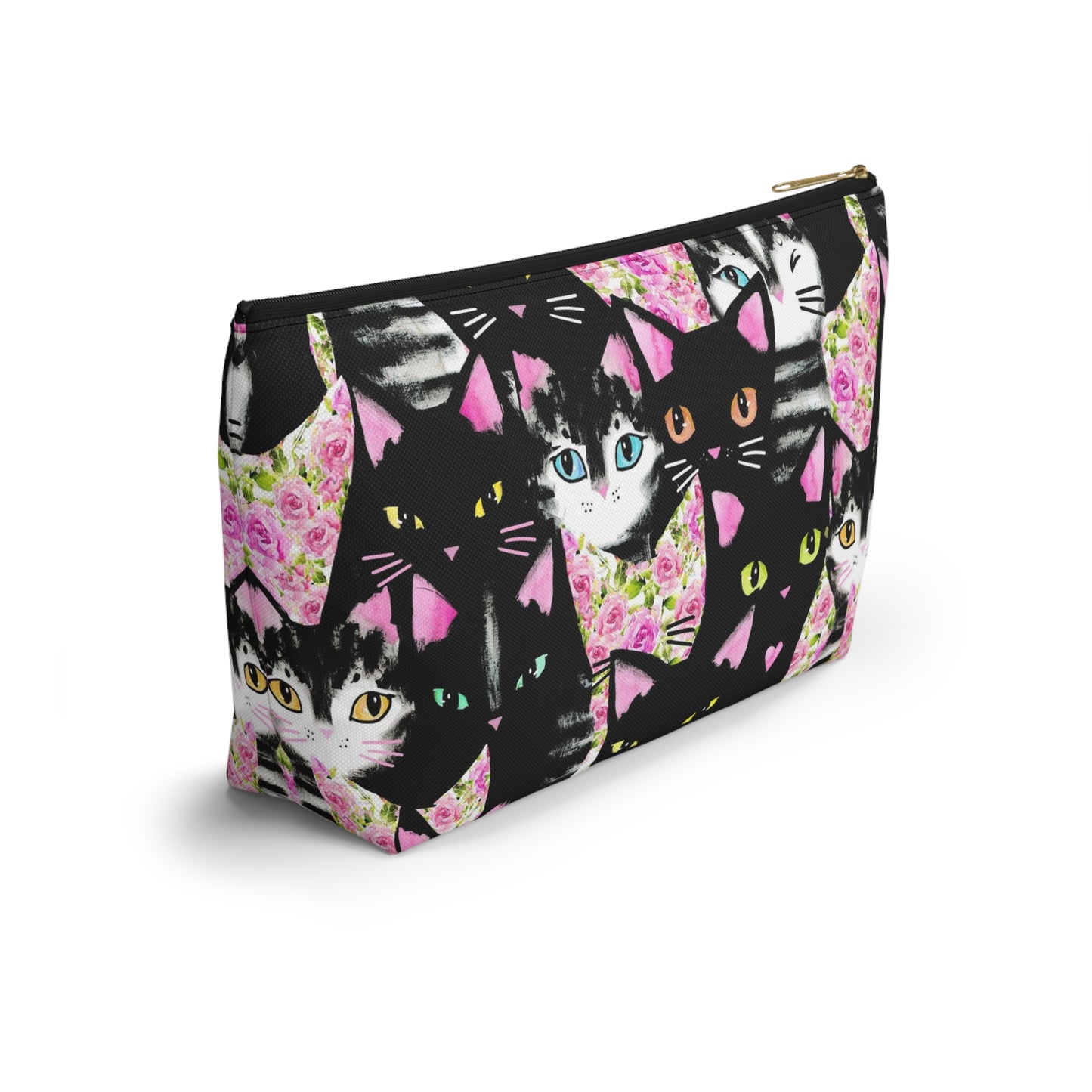 A multicolored accessory bag with an abstract design featuring cats and roses on a pink background. Cosmetic, makeup, toiletry, travel, pencil case & everyday bag for cat lovers.
