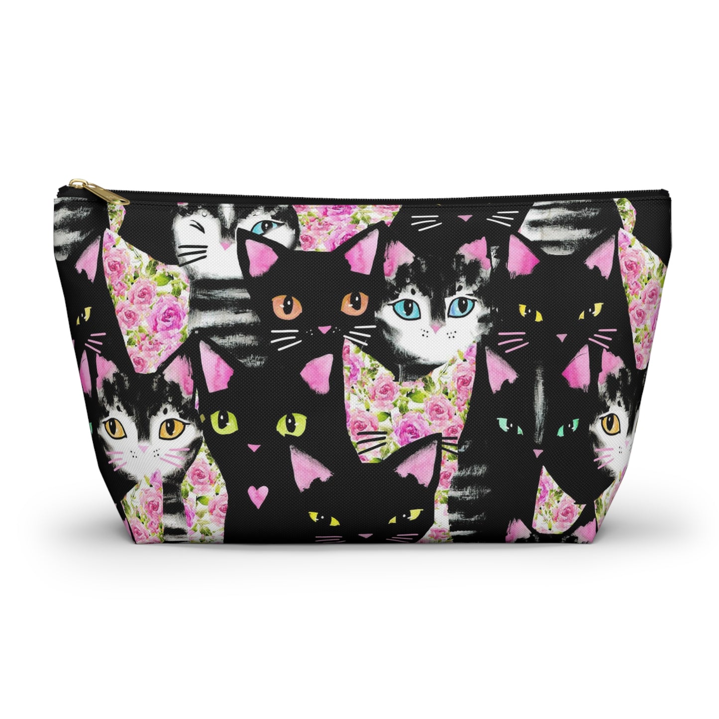 A multicolored accessory bag with an abstract design featuring cats and roses on a pink background. Cosmetic, makeup, toiletry, travel, pencil case & everyday bag for cat lovers.