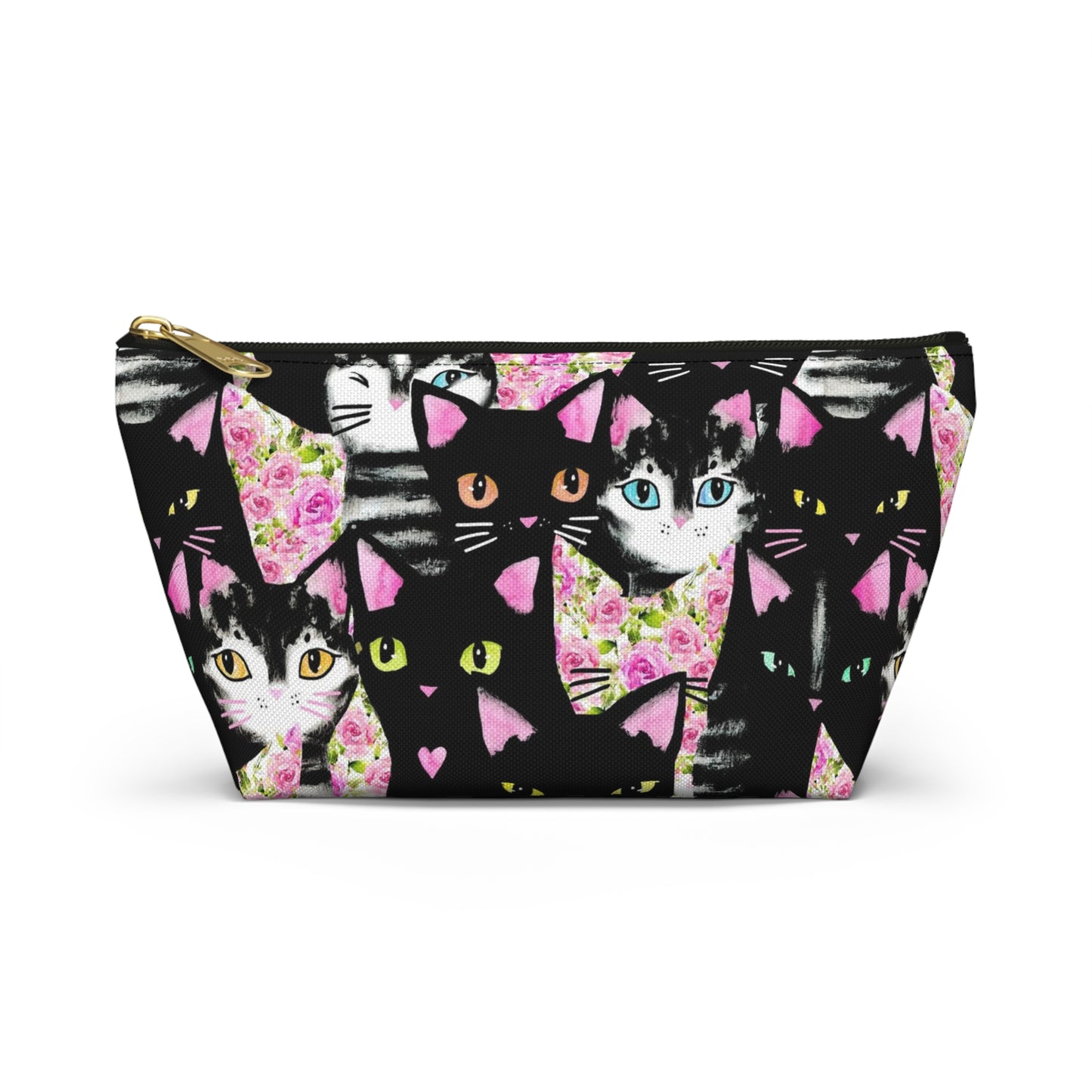 A multicolored accessory bag with an abstract design featuring cats and roses on a pink background. Cosmetic, makeup, toiletry, travel, pencil case & everyday bag for cat lovers.
