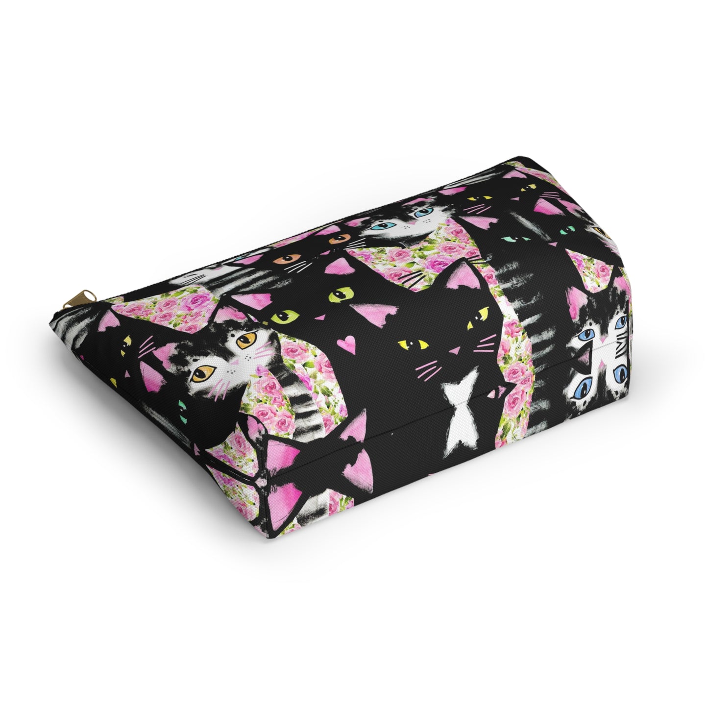 A multicolored accessory bag with an abstract design featuring cats and roses on a pink background. Cosmetic, makeup, toiletry, travel, pencil case & everyday bag for cat lovers.