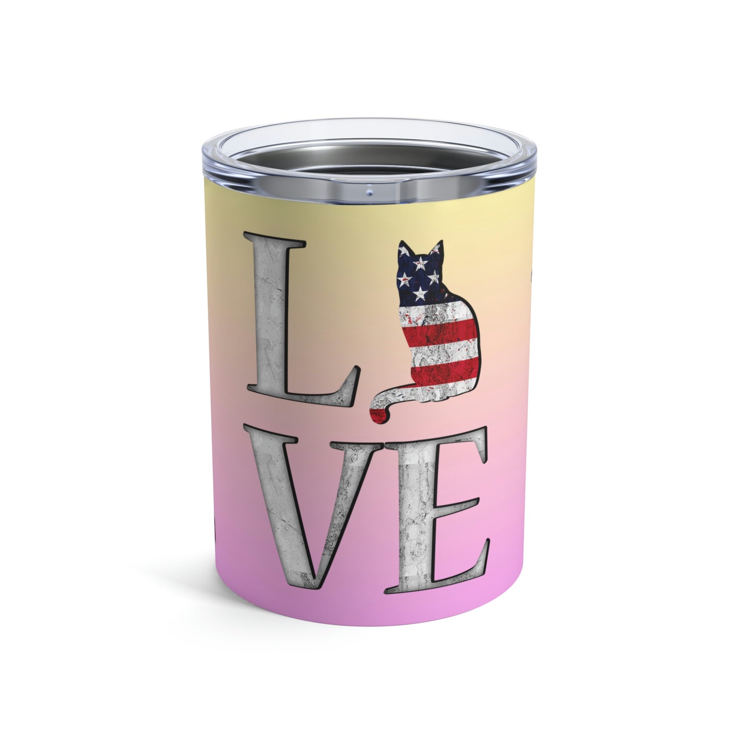 A pink and yellow stainless steel travel tumbler with 'LOVE' text and a silhouettes of cats in the stars & stripes.