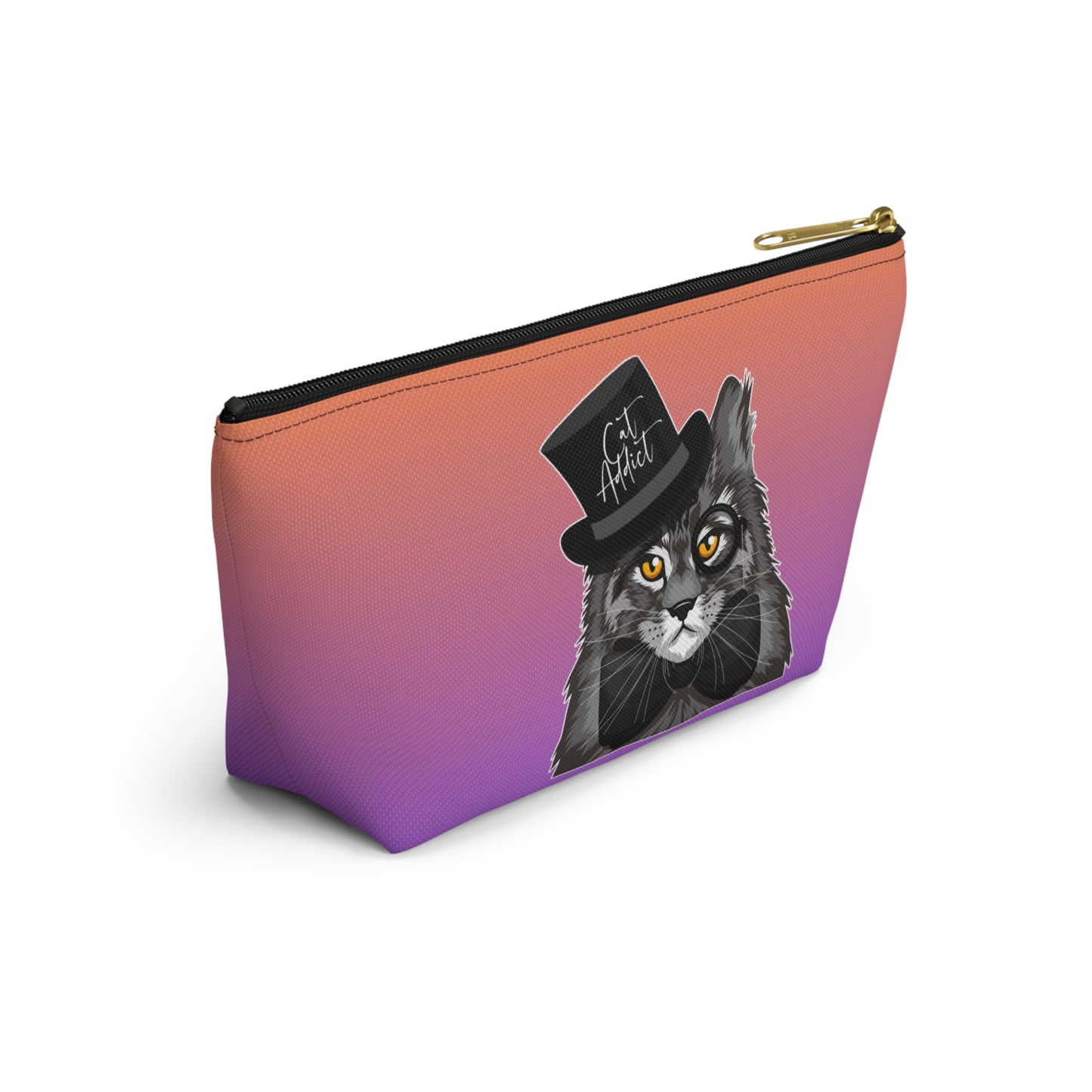 A purple & orange colored accessory bag with zip for Maine Coon cat lovers. Use for cosmetics, makeup, toiletries, travel essentials. Design features a Maine Coon cat wearing a top hat & the words "Cat Addict".