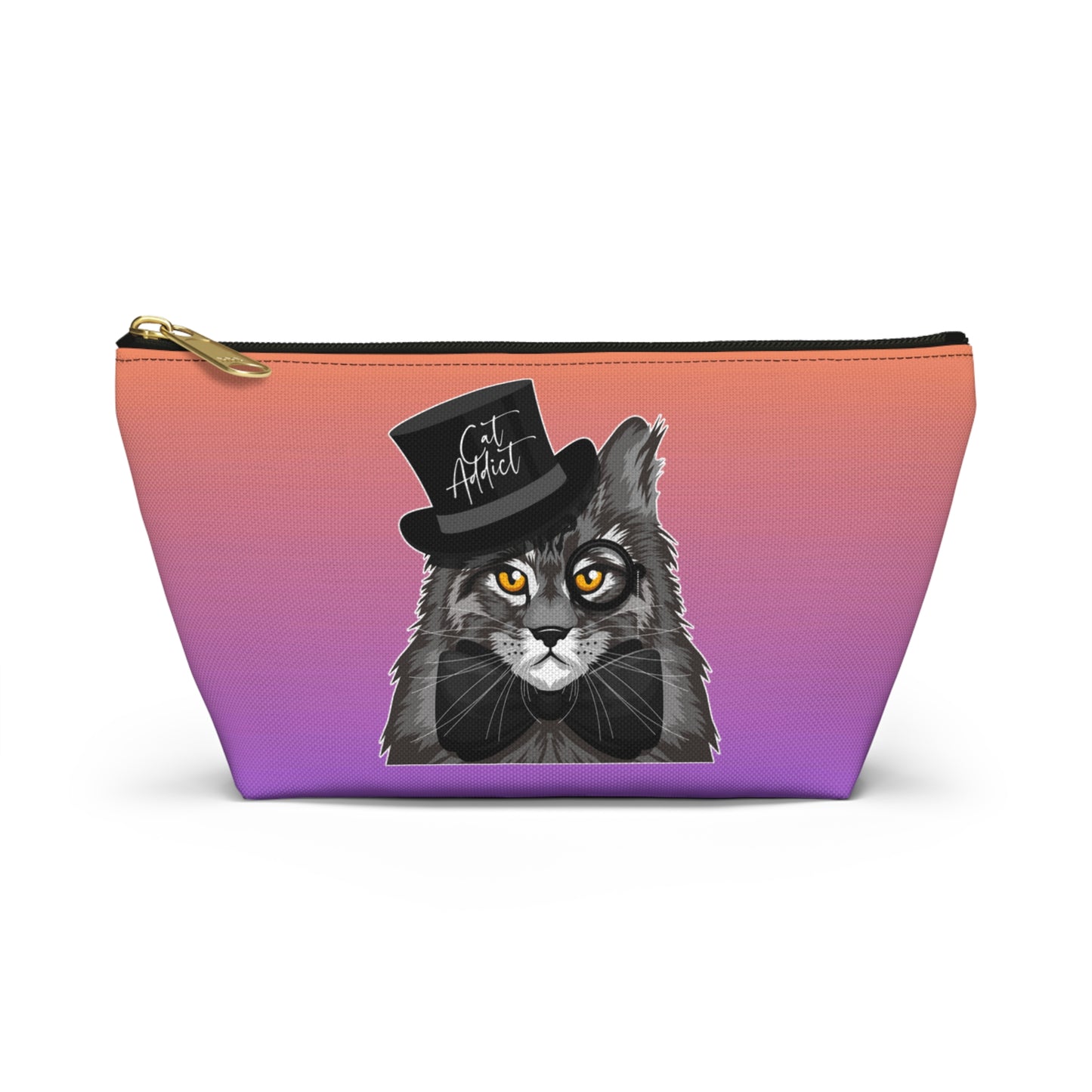 A purple & orange colored accessory bag with zip for Maine Coon cat lovers. Use for cosmetics, makeup, toiletries, travel essentials. Design features a Maine Coon cat wearing a top hat & the words "Cat Addict".