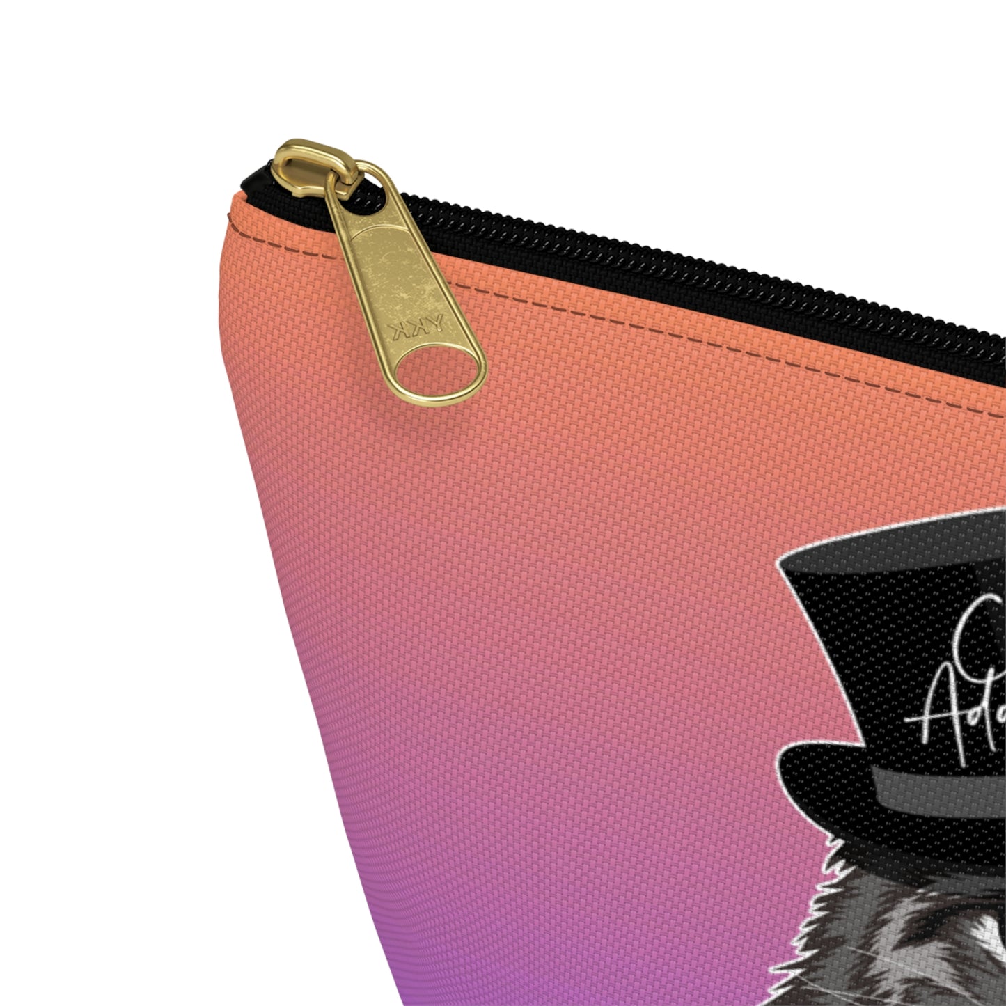 A purple & orange colored accessory bag with zip for Maine Coon cat lovers. Use for cosmetics, makeup, toiletries, travel essentials. Design features a Maine Coon cat wearing a top hat & the words "Cat Addict".