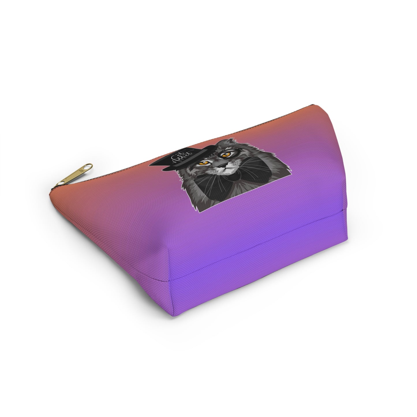 A purple & orange colored accessory bag with zip for Maine Coon cat lovers. Use for cosmetics, makeup, toiletries, travel essentials. Design features a Maine Coon cat wearing a top hat & the words "Cat Addict".