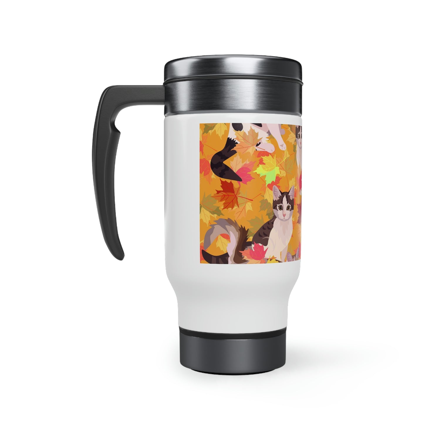 Cats & Fall Themed Fall Leaves Travel Mug 14oz With Black Handle Insulating Plastic Thermos Interior