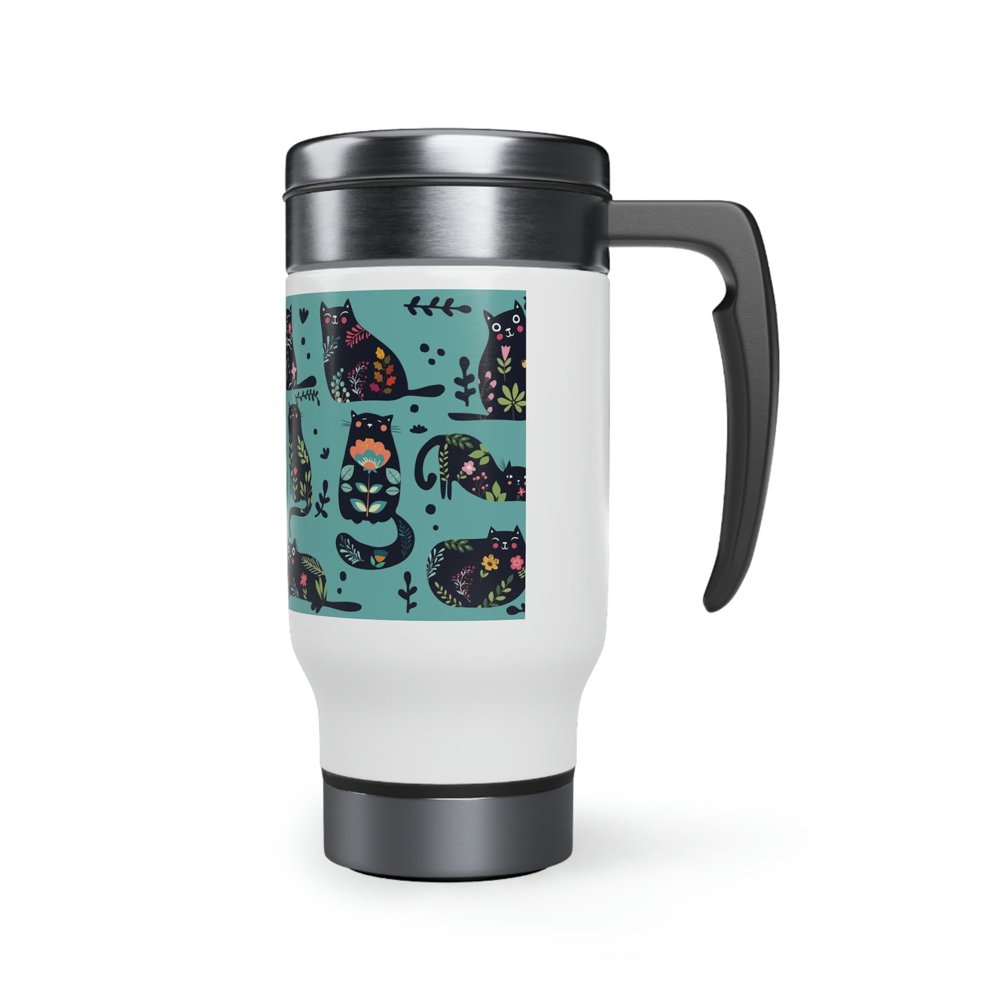A stainless steel travel mug with a colorful cats-and-flowers design and a black handle.