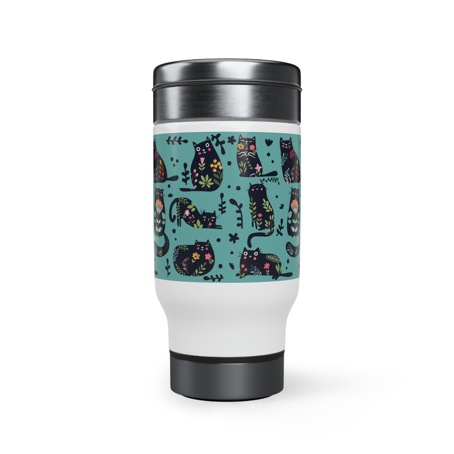 A stainless steel travel mug with a colorful cats-and-flowers design and a black handle.