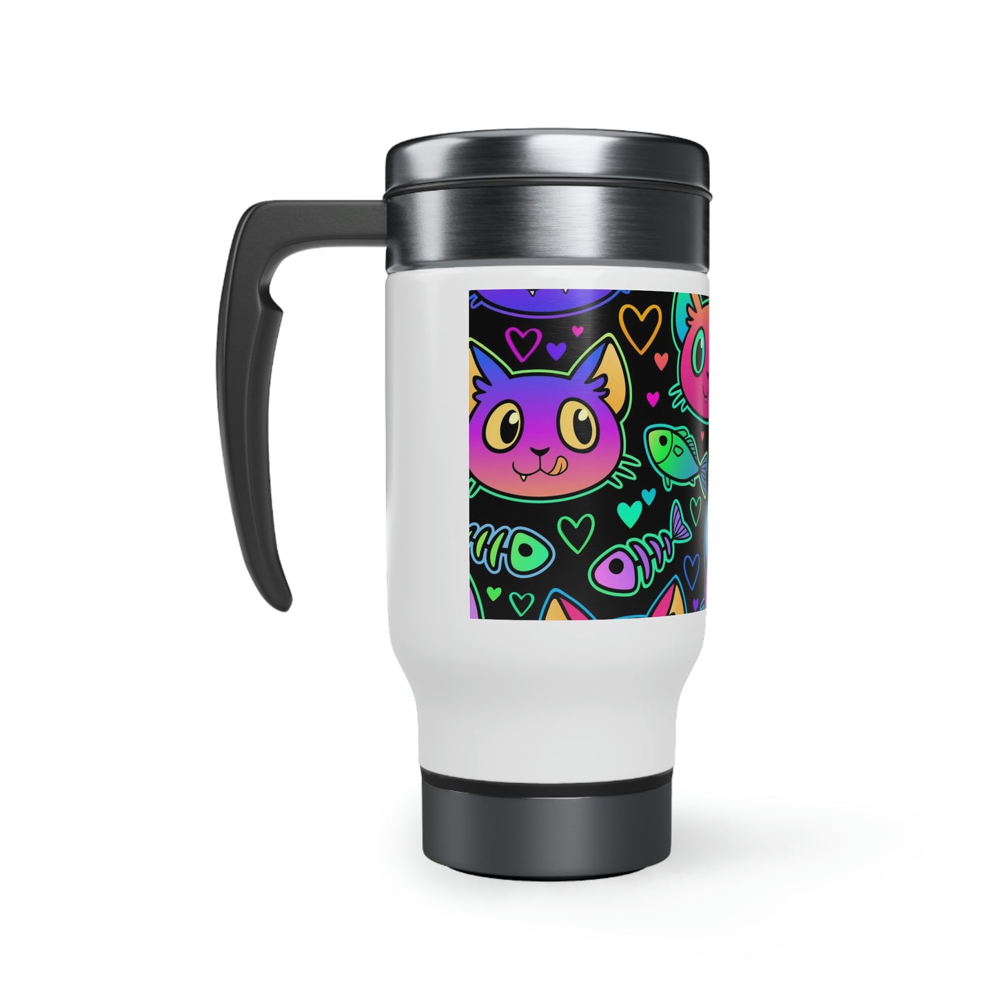 A stainless steel travel mug with a colorful design of neon cats, fish and hearts, featuring a screw-on cap.