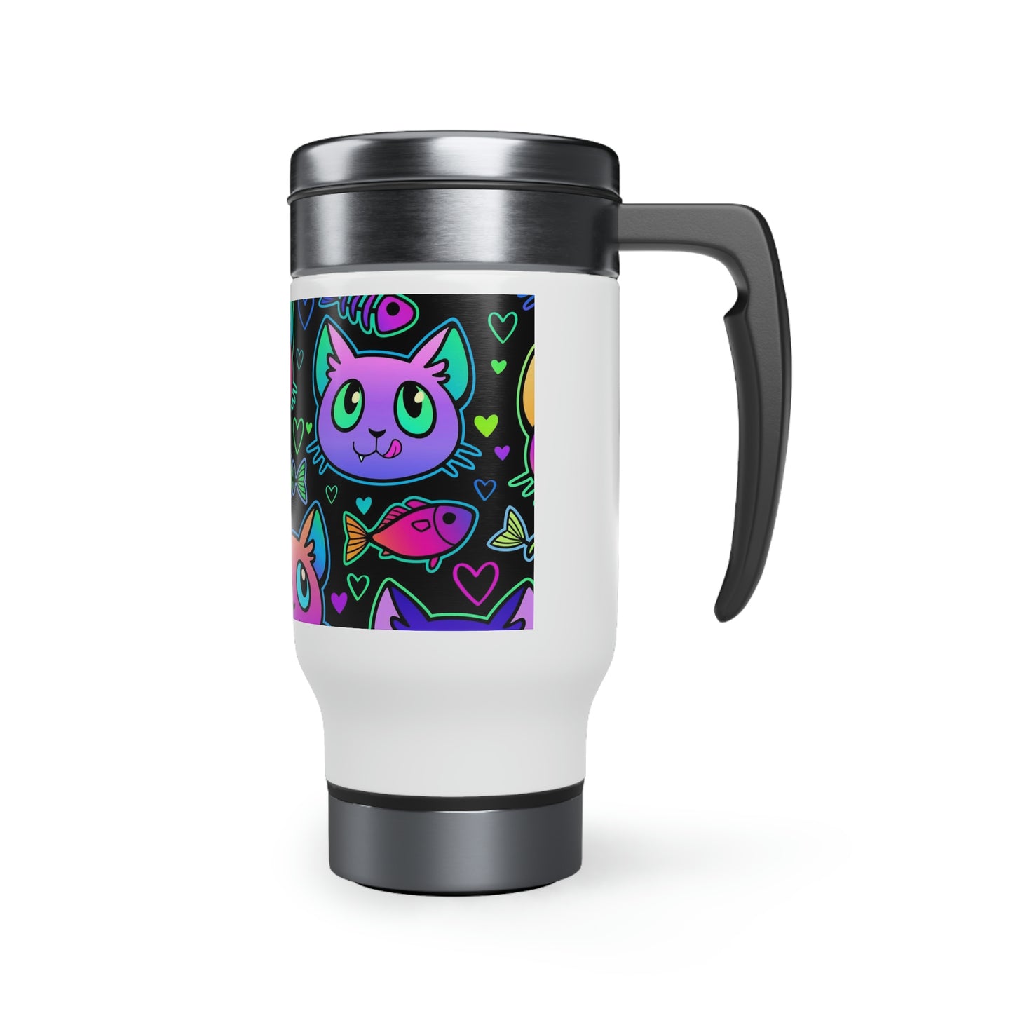 A stainless steel travel mug with a colorful design of neon cats, fish and hearts, featuring a screw-on cap.