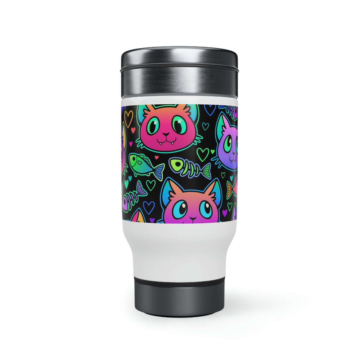 A stainless steel travel mug with a colorful design of neon cats, fish and hearts, featuring a screw-on cap.