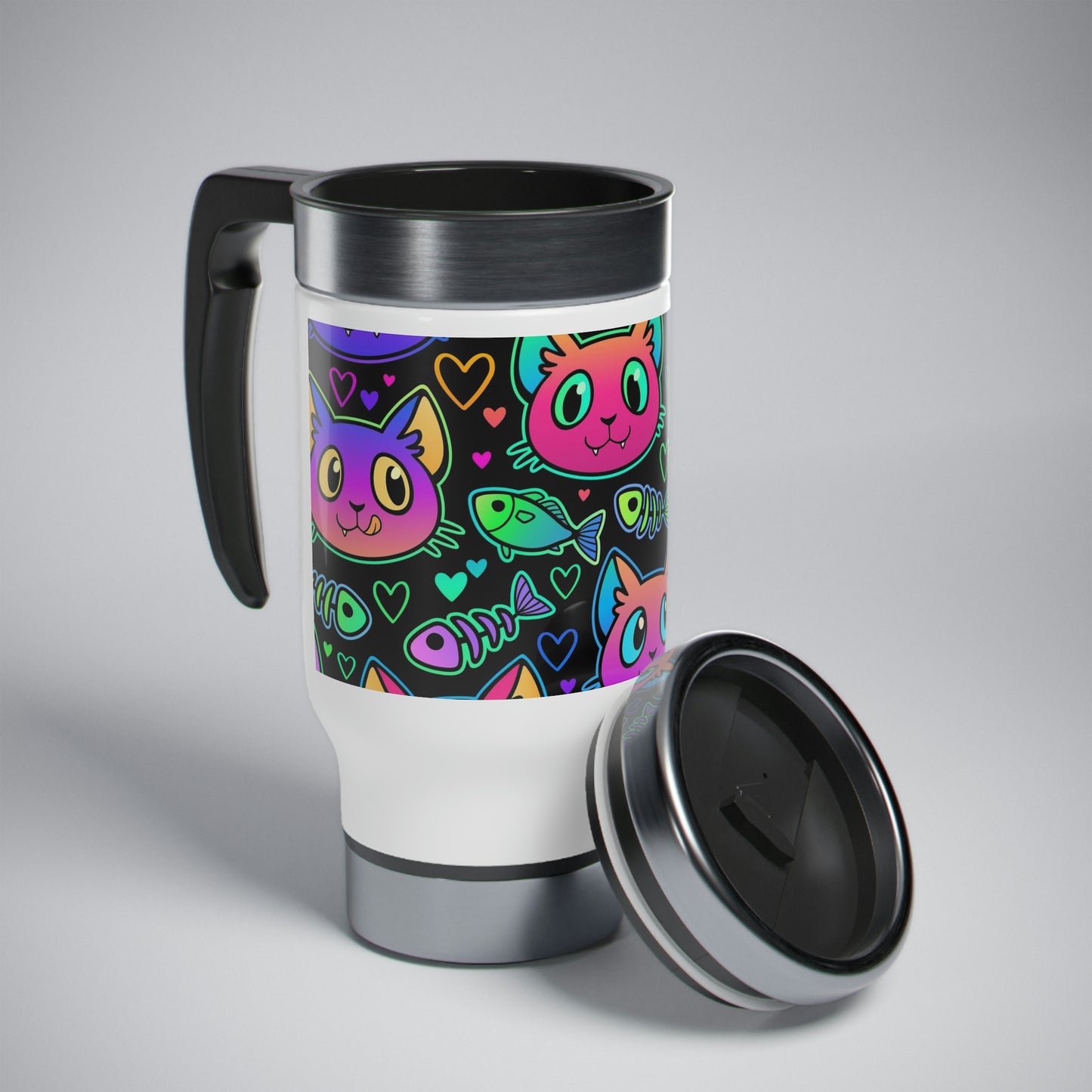 A stainless steel travel mug with a colorful design of neon cats, fish and hearts, featuring a screw-on cap.