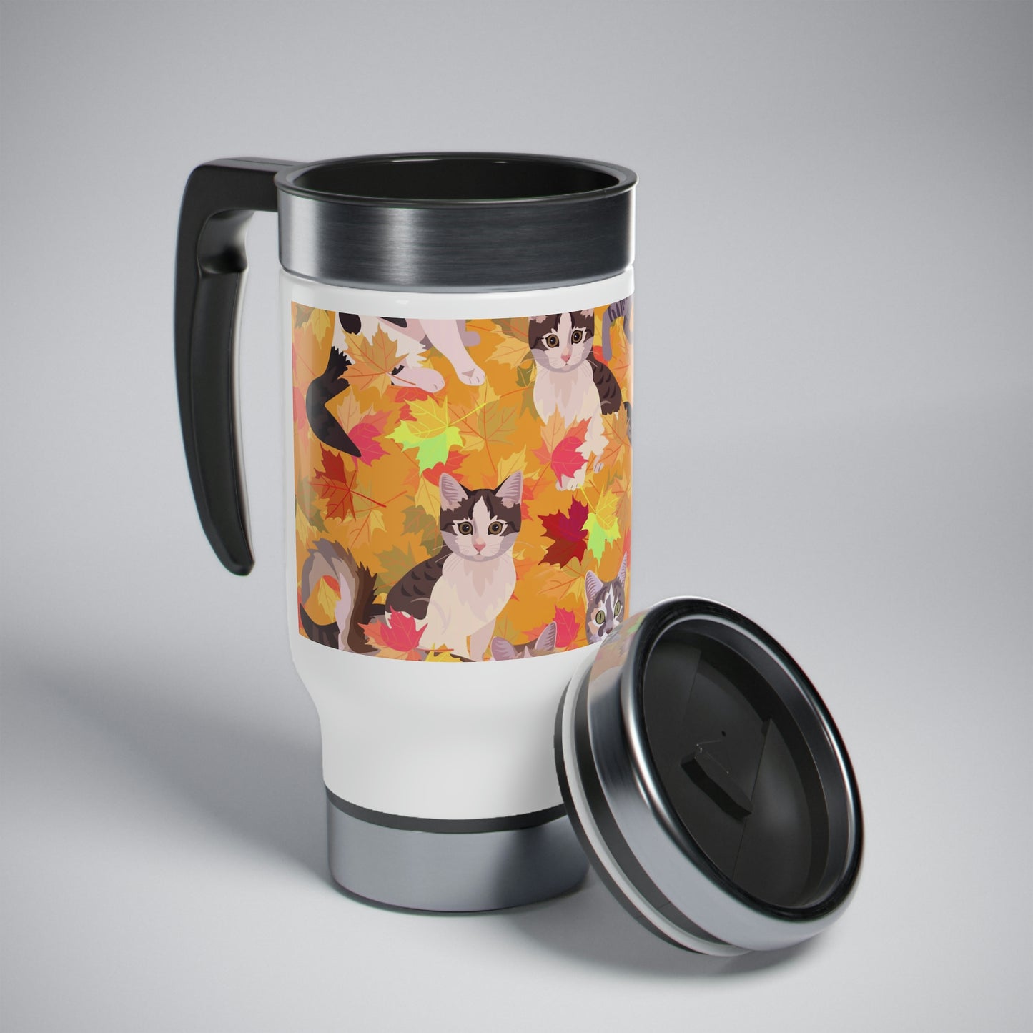 Cats & Fall Themed Fall Leaves Travel Mug 14oz With Black Handle Insulating Plastic Thermos Interior