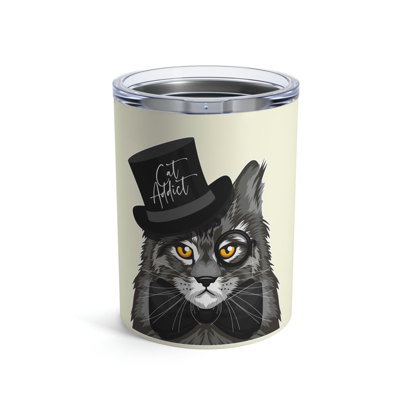 A stainless steel tumbler with a graphic of a Maine coon cat wearing a top hat and the text 'Cat Addict'.