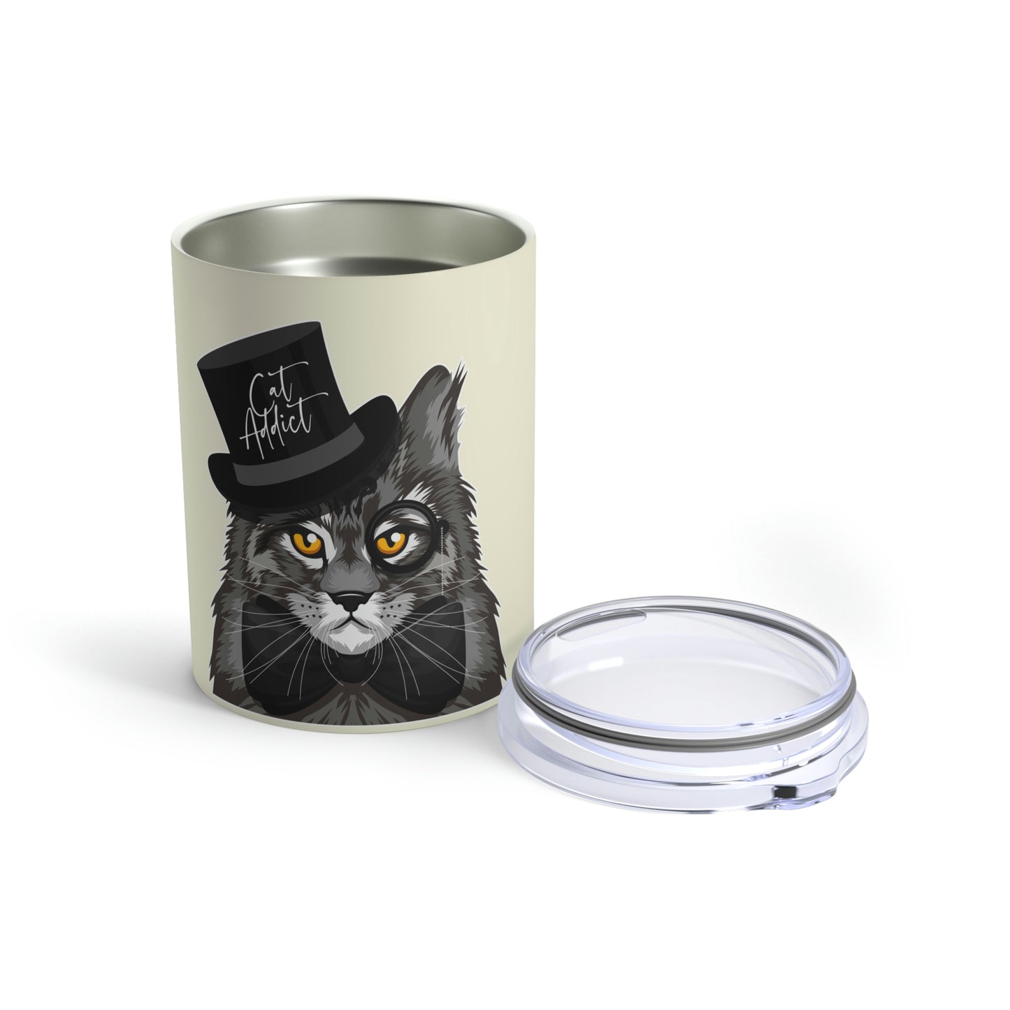A stainless steel tumbler with a graphic of a Maine coon cat wearing a top hat and the text 'Cat Addict'.