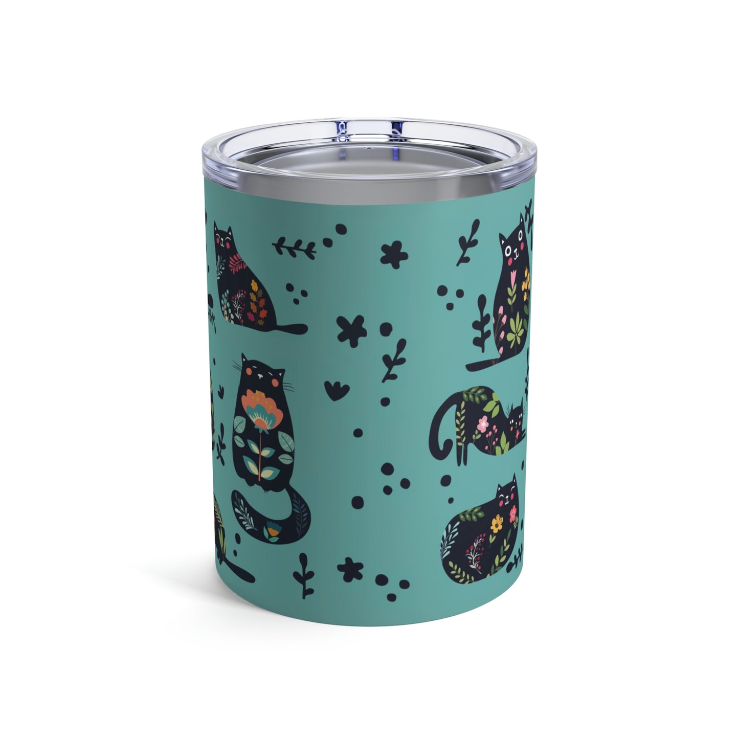 Abstract On Blue Cat Silhouette Floral Themed Travel Tumbler 10oz