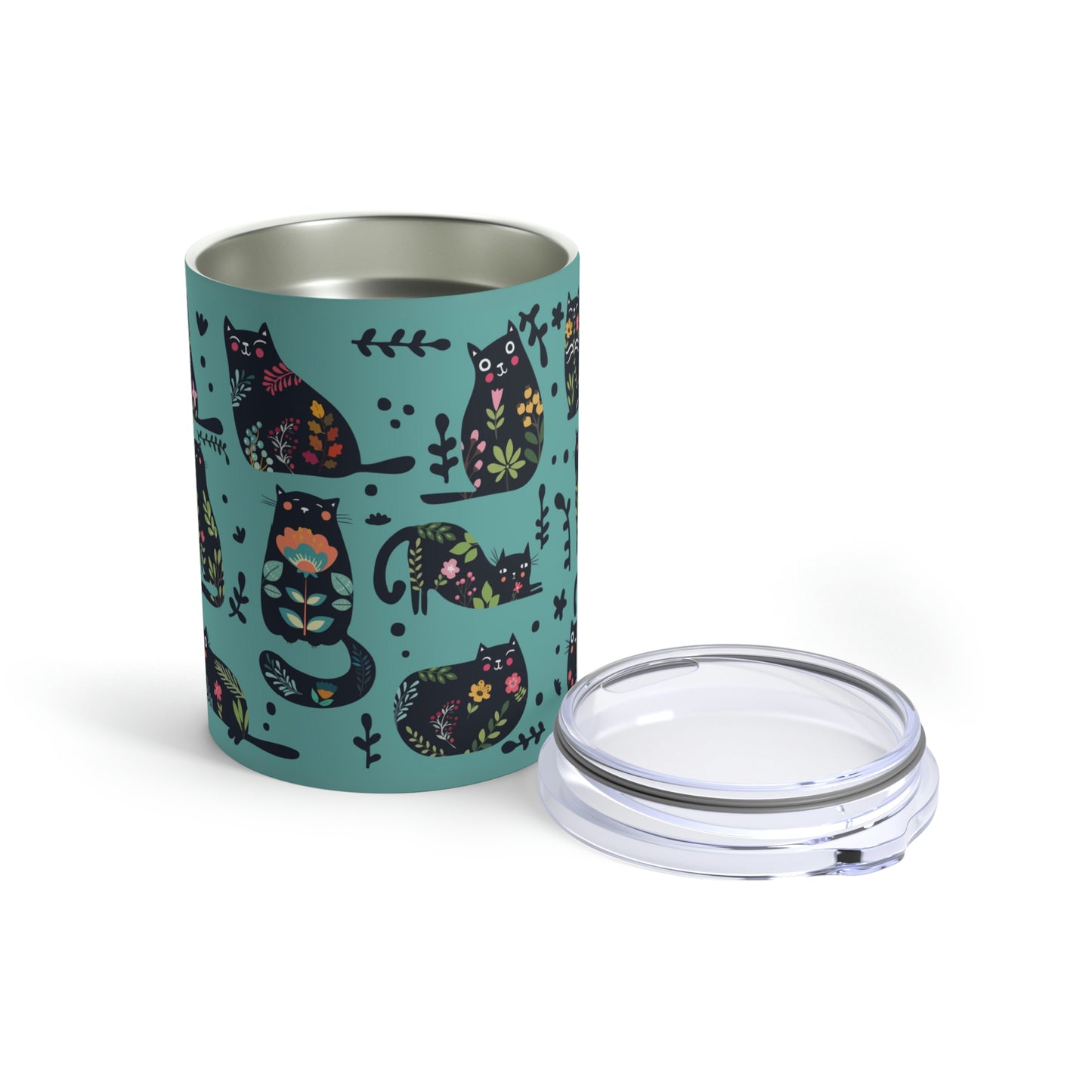 Abstract On Blue Cat Silhouette Floral Themed Travel Tumbler 10oz