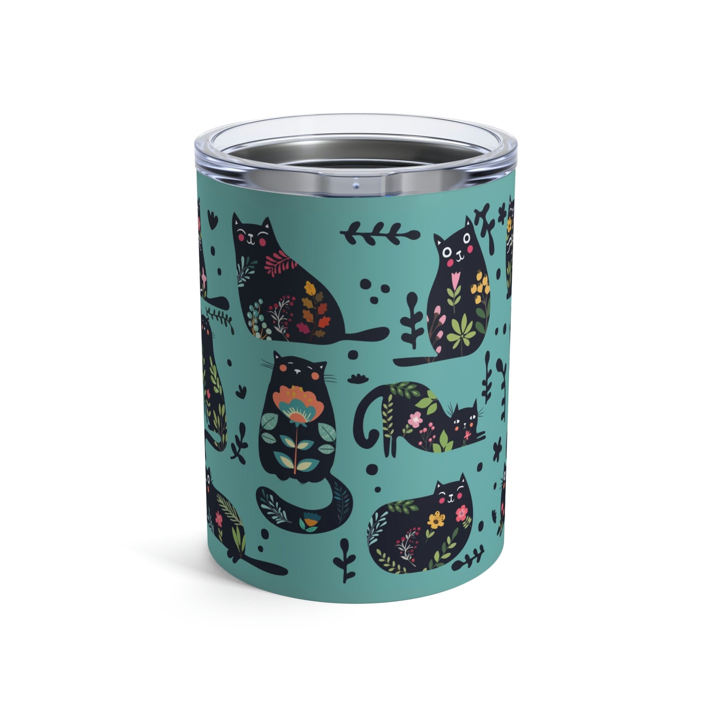 Abstract On Blue Cat Silhouette Floral Themed Travel Tumbler 10oz