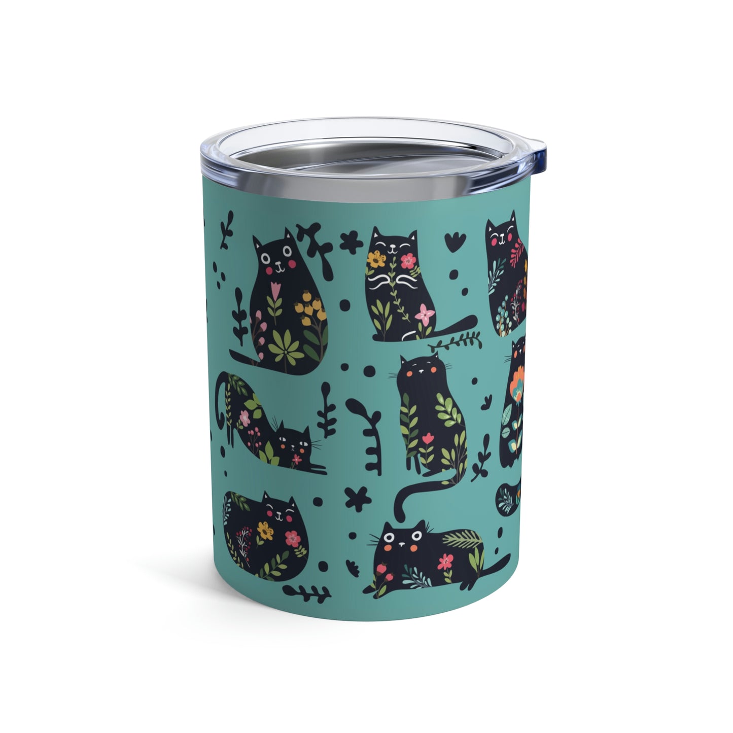 Abstract On Blue Cat Silhouette Floral Themed Travel Tumbler 10oz