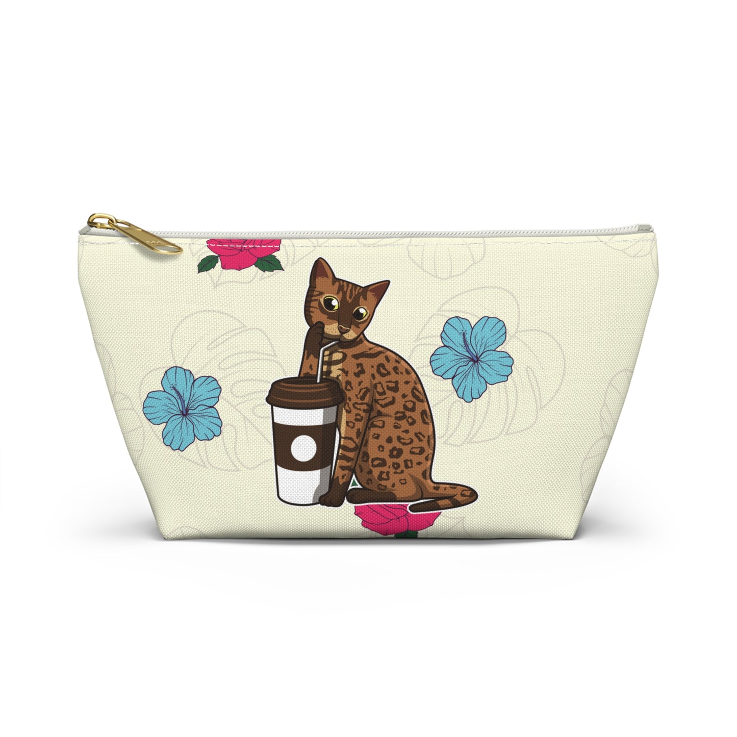 A cream-colored accessory bag featuring a cartoon illustration of a Bengal cat drinking coffee from a straw, with a floral pattern in the background. Cosmetic, makeup, toiletry, travel, pencil case & everyday bag for cat lovers.