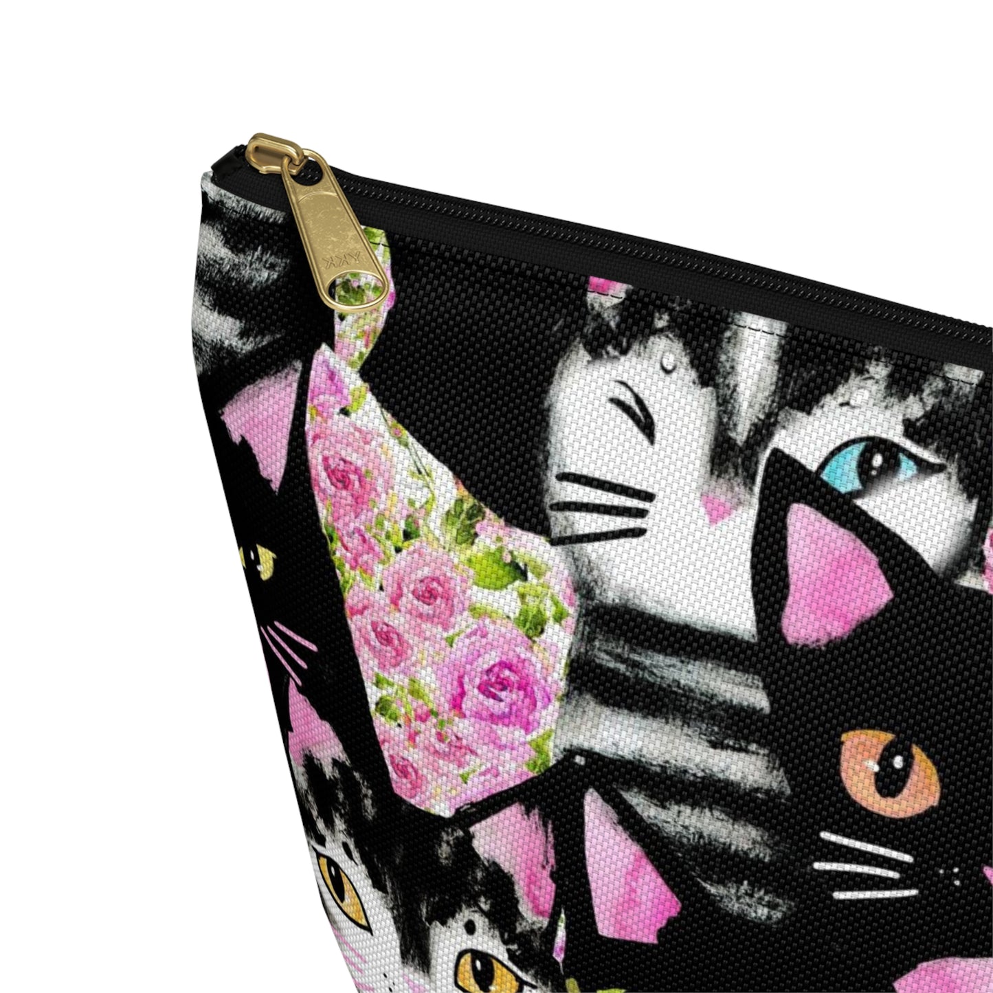A multicolored accessory bag with an abstract design featuring cats and roses on a pink background. Cosmetic, makeup, toiletry, travel, pencil case & everyday bag for cat lovers.