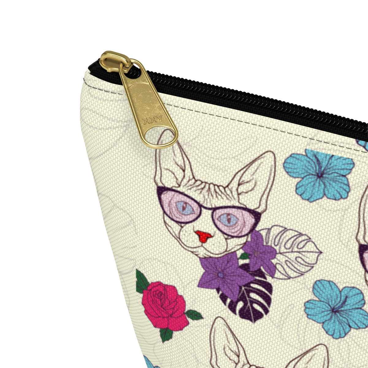 An accessory bag with a vibrant floral pattern of illustrated Sphynx cats wearing sunglasses. Cosmetic, makeup, toiletry, travel, pencil case & everyday bag for cat lovers.