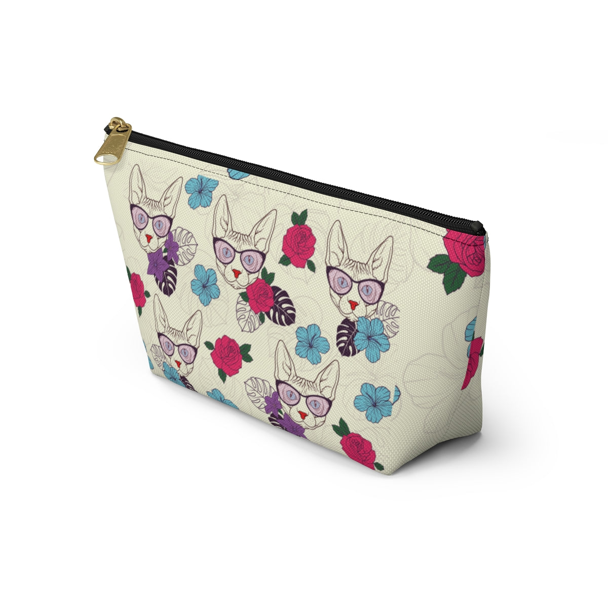An accessory bag with a vibrant floral pattern of illustrated Sphynx cats wearing sunglasses. Cosmetic, makeup, toiletry, travel, pencil case & everyday bag for cat lovers.