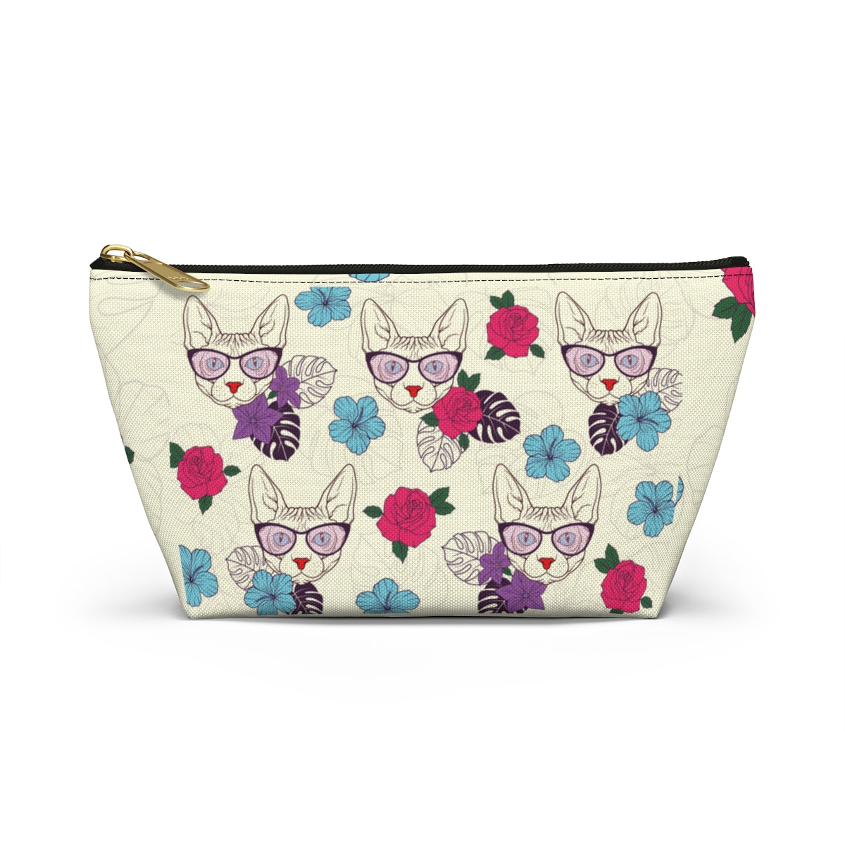 An accessory bag with a vibrant floral pattern of illustrated Sphynx cats wearing sunglasses. Cosmetic, makeup, toiletry, travel, pencil case & everyday bag for cat lovers.