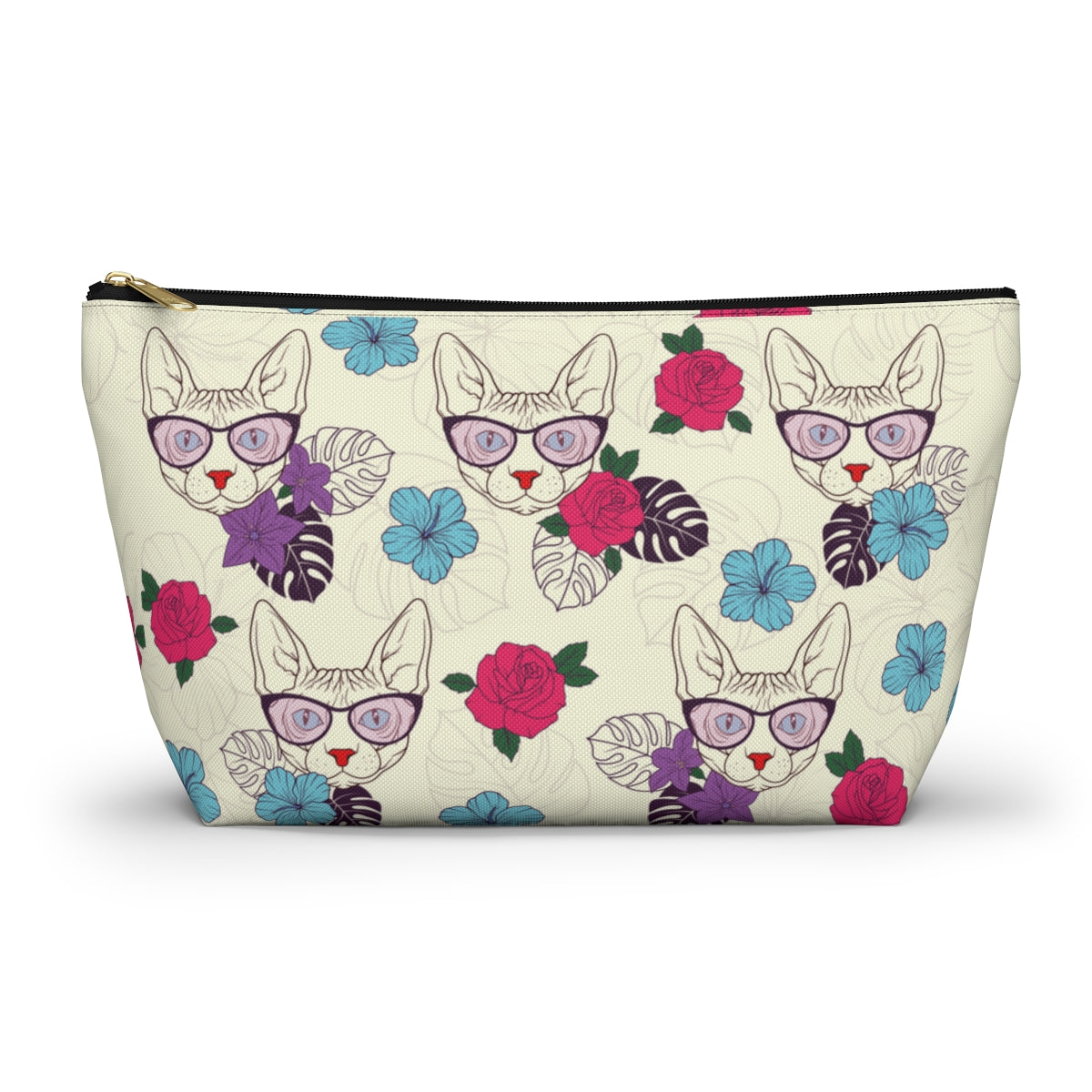 An accessory bag with a vibrant floral pattern of illustrated Sphynx cats wearing sunglasses. Cosmetic, makeup, toiletry, travel, pencil case & everyday bag for cat lovers.