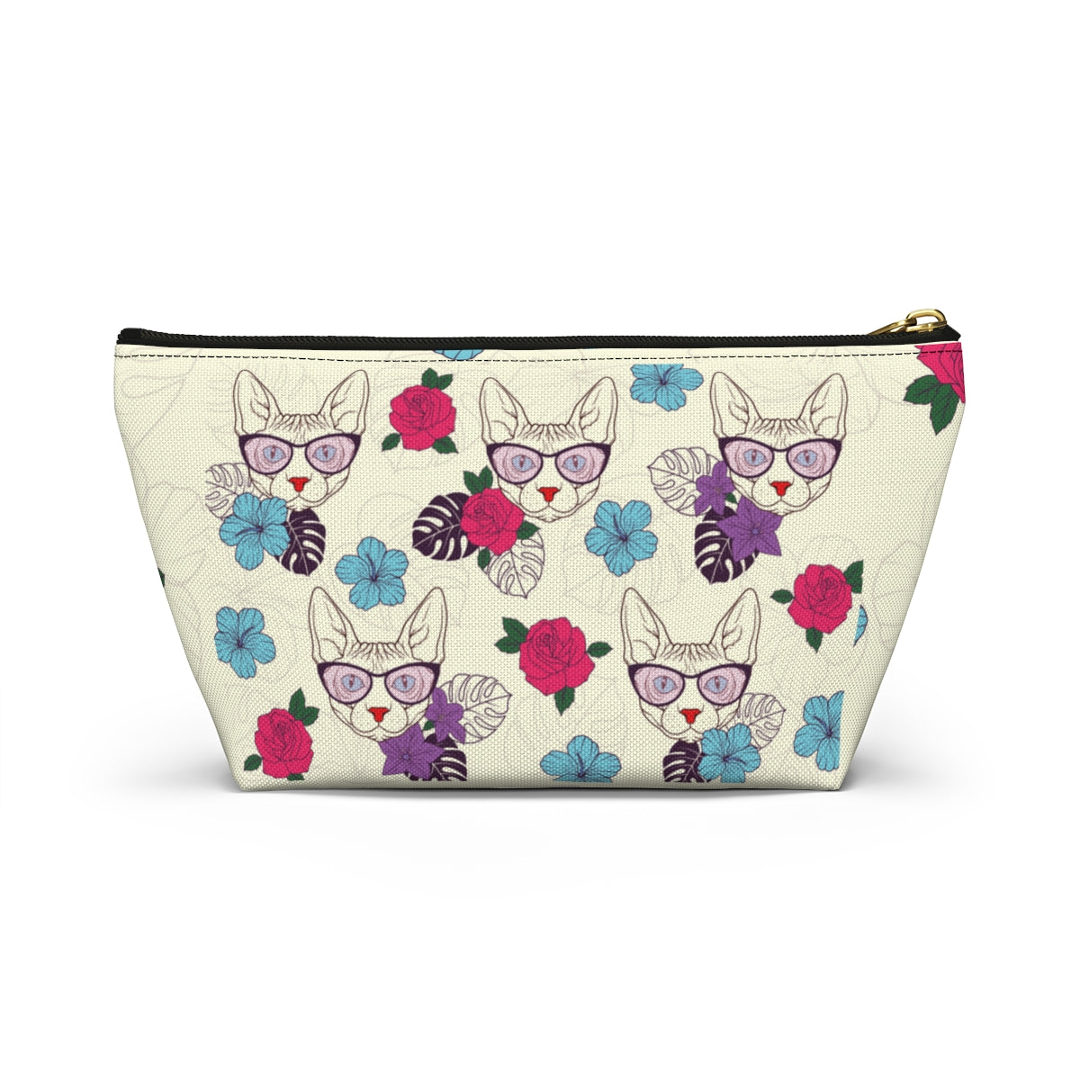 An accessory bag with a vibrant floral pattern of illustrated Sphynx cats wearing sunglasses. Cosmetic, makeup, toiletry, travel, pencil case & everyday bag for cat lovers.
