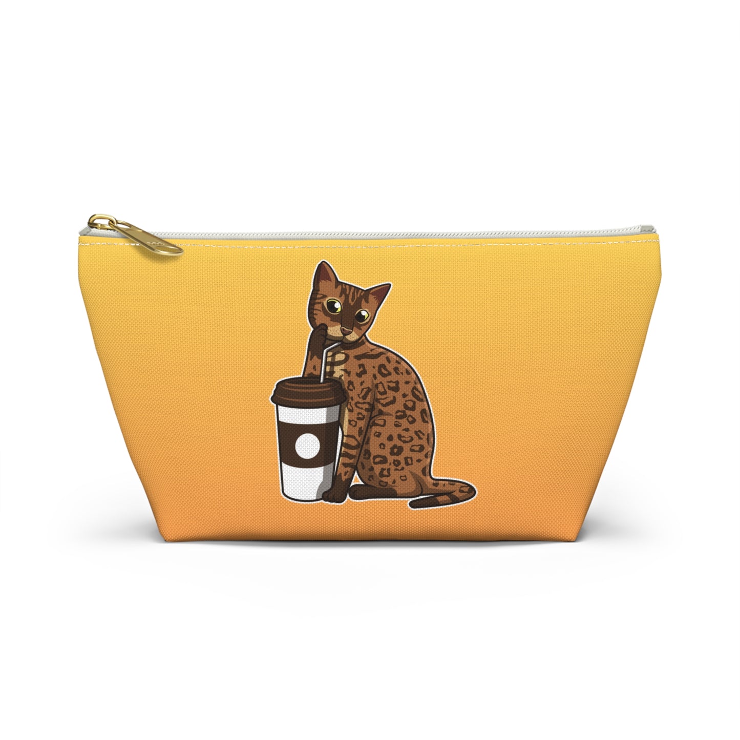 Yellow Bengal Cat Themed accessory bag for cosmetics, makeup, toiletries, travel essentials and everyday use with zipper.