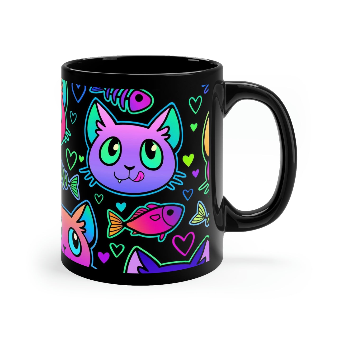 Black mug with neon cats, hearts and fish design.
