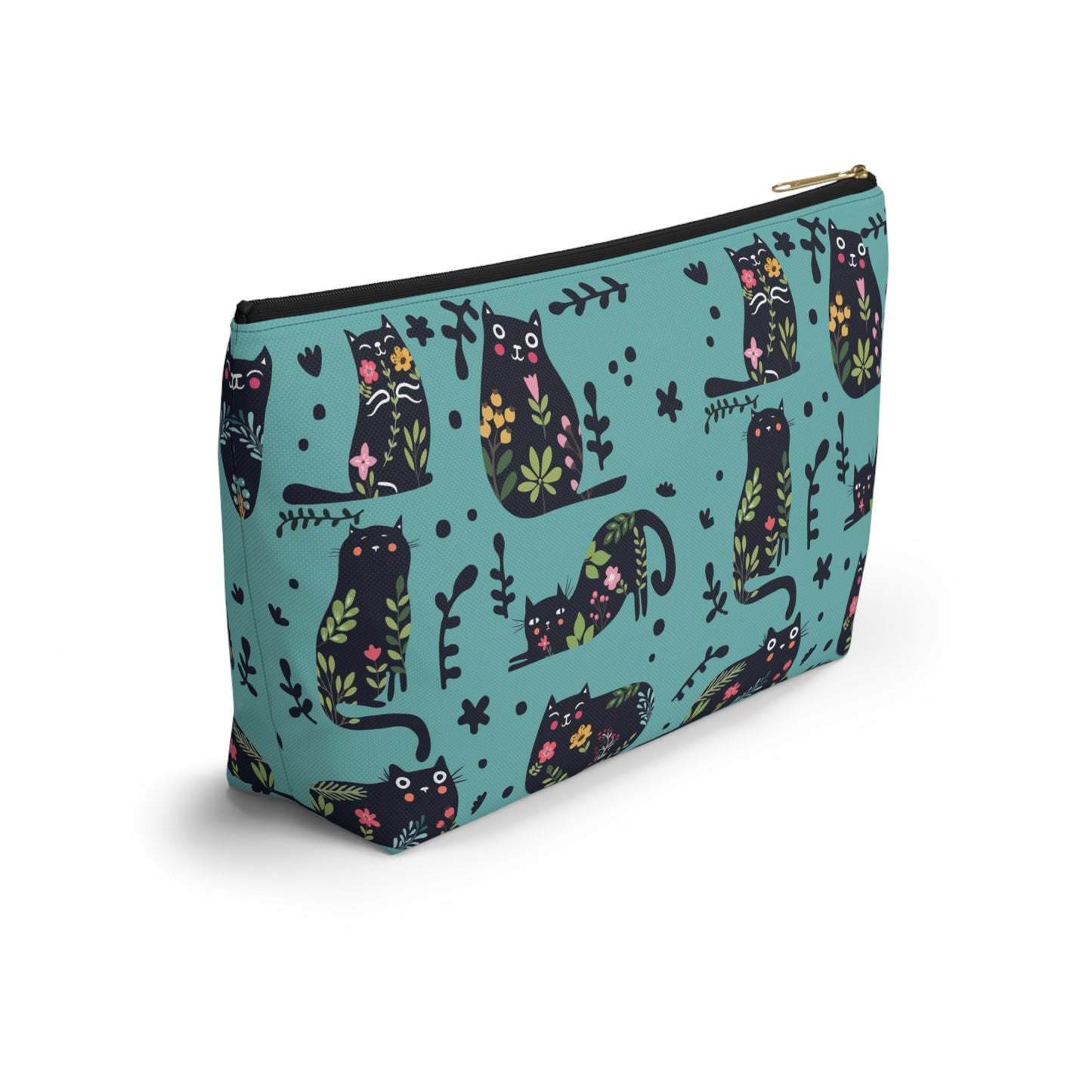 A blue cosmetic and toiletry bag with an abstract pattern featuring black cats and floral design. Cosmetic, makeup, toiletry, travel, pencil case & everyday bag for cat lovers.