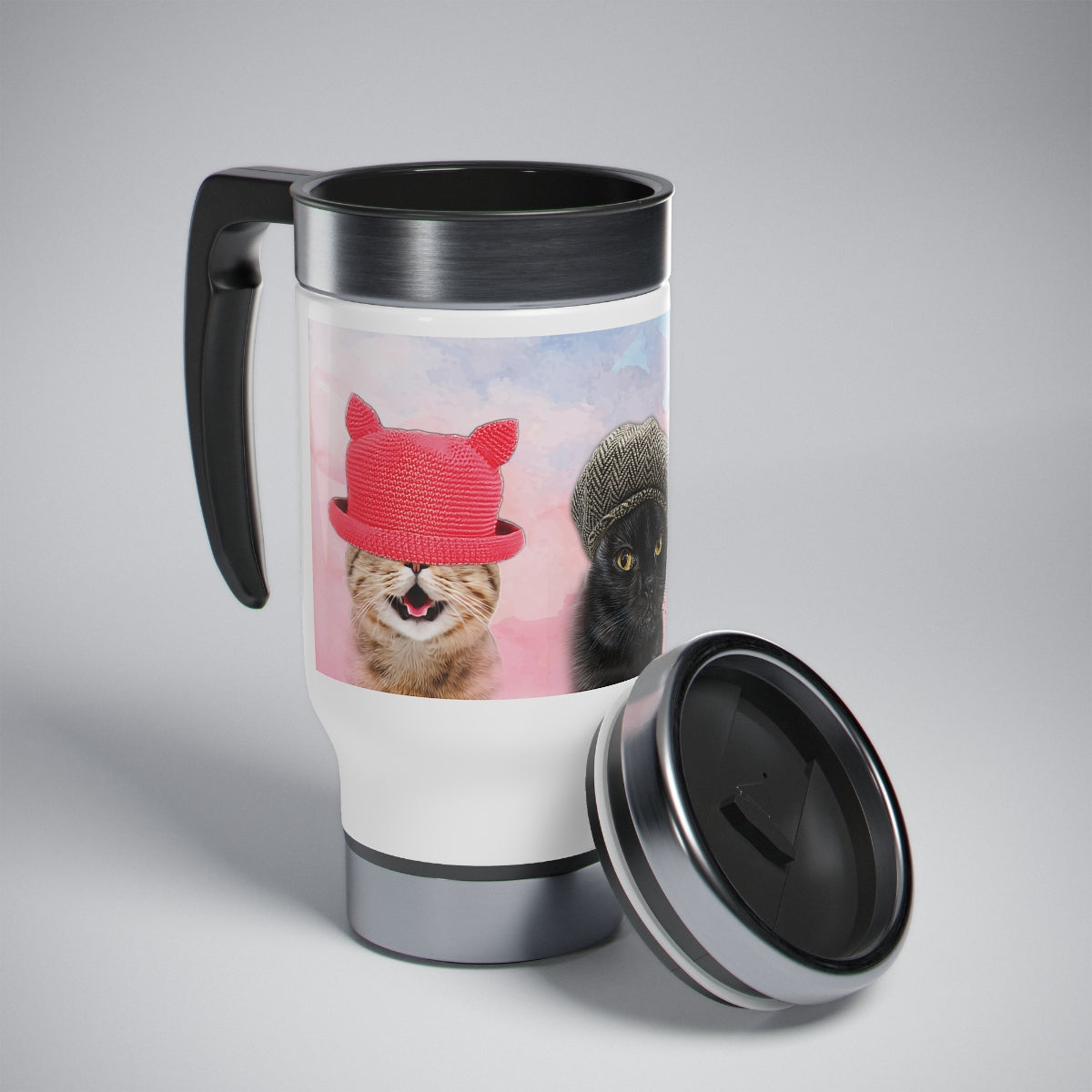Cat In Hats Travel Tumbler with Three Cats Wearing Hats 14oz Travel Cup With Handle Multicolor.
