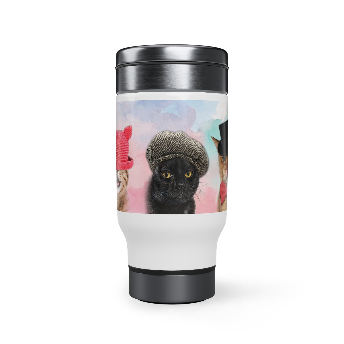 Cat In Hats Travel Tumbler with Three Cats Wearing Hats 14oz Travel Cup With Handle Multicolor.