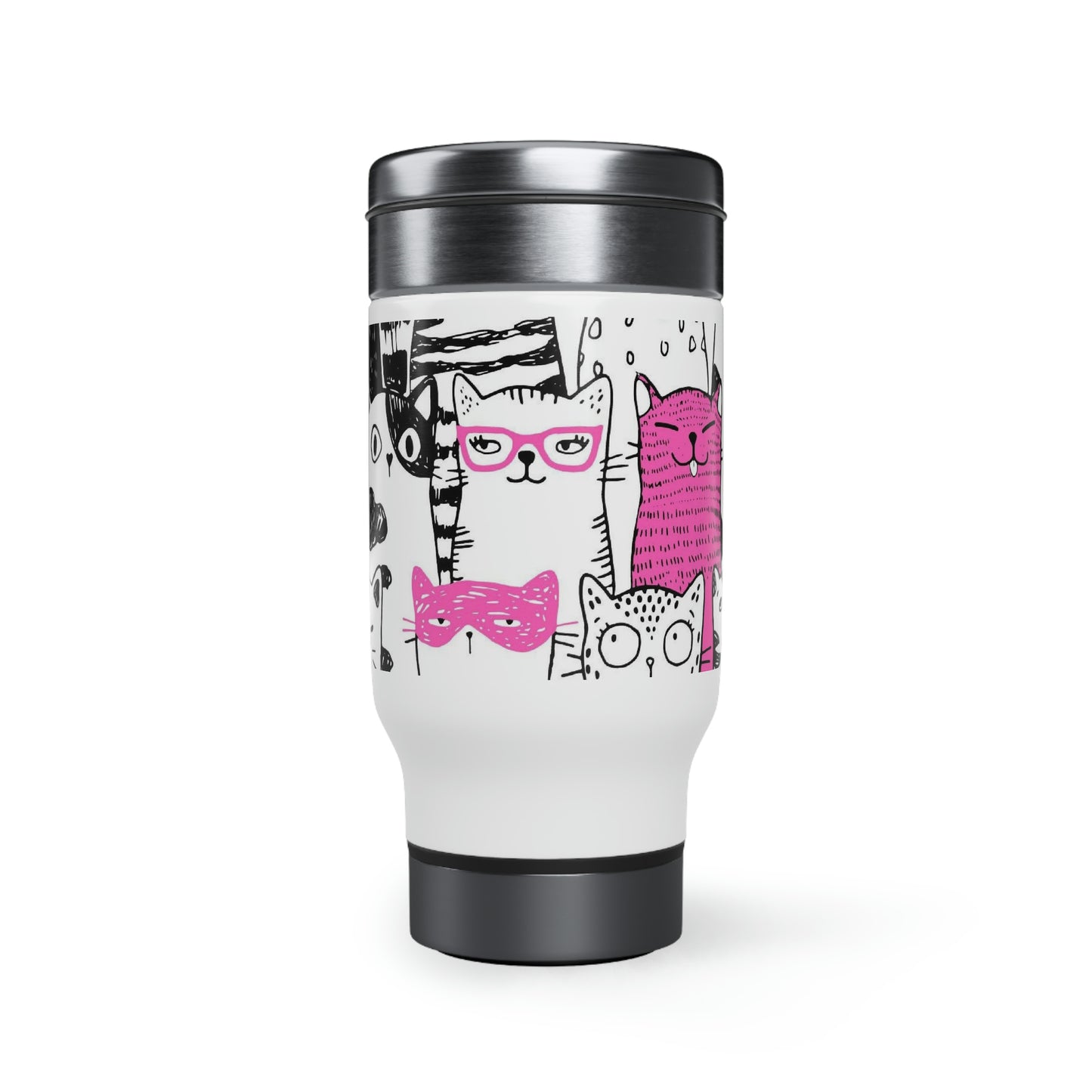 Cat Parade insulated stainless steel Travel Mug with handle featuring cartoon cats design